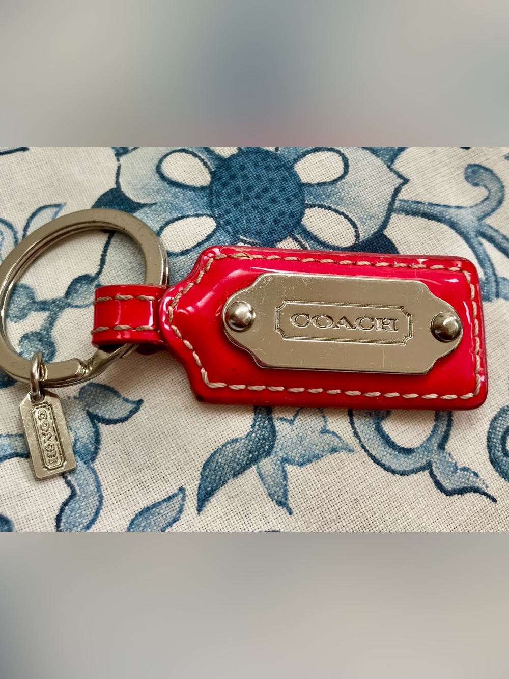 COACH Red Patent Leather Key  Holder with Silver-Tone Plate